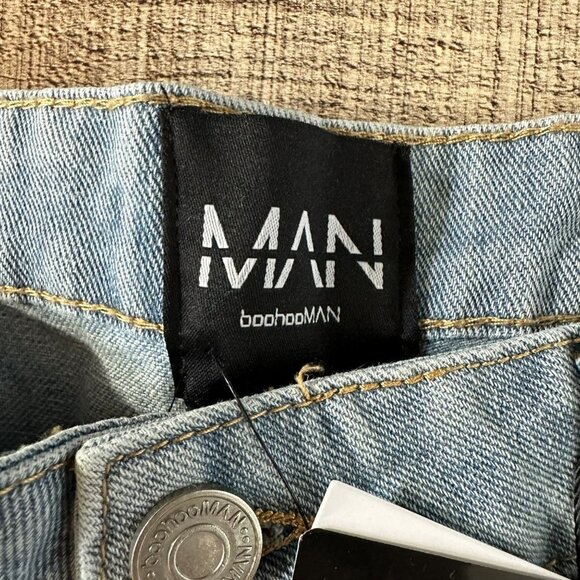 Boohoo Man Slim Fit Panel Insert Biker Jeans Ice Blue men's 38 - Picture 3 of 6